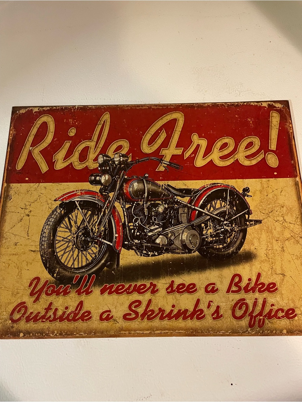 Ride Free! Red & Cream Vintage Motorcycle Wall Art Sign